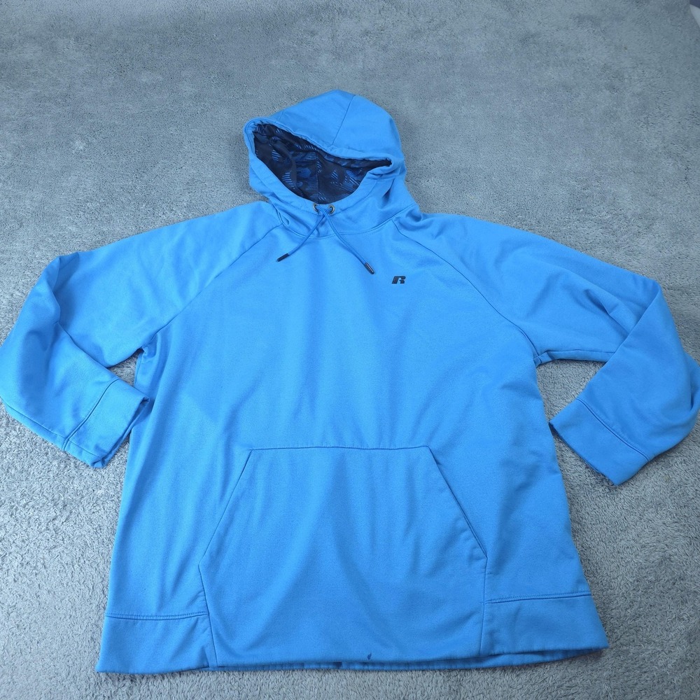 Russell Athletic Hoodie Mens 2XL Blue Tech Fleece Pullover Sweatshirt Logo